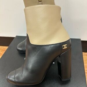 CHANEL Black and Cream Leather Block Heel Boots